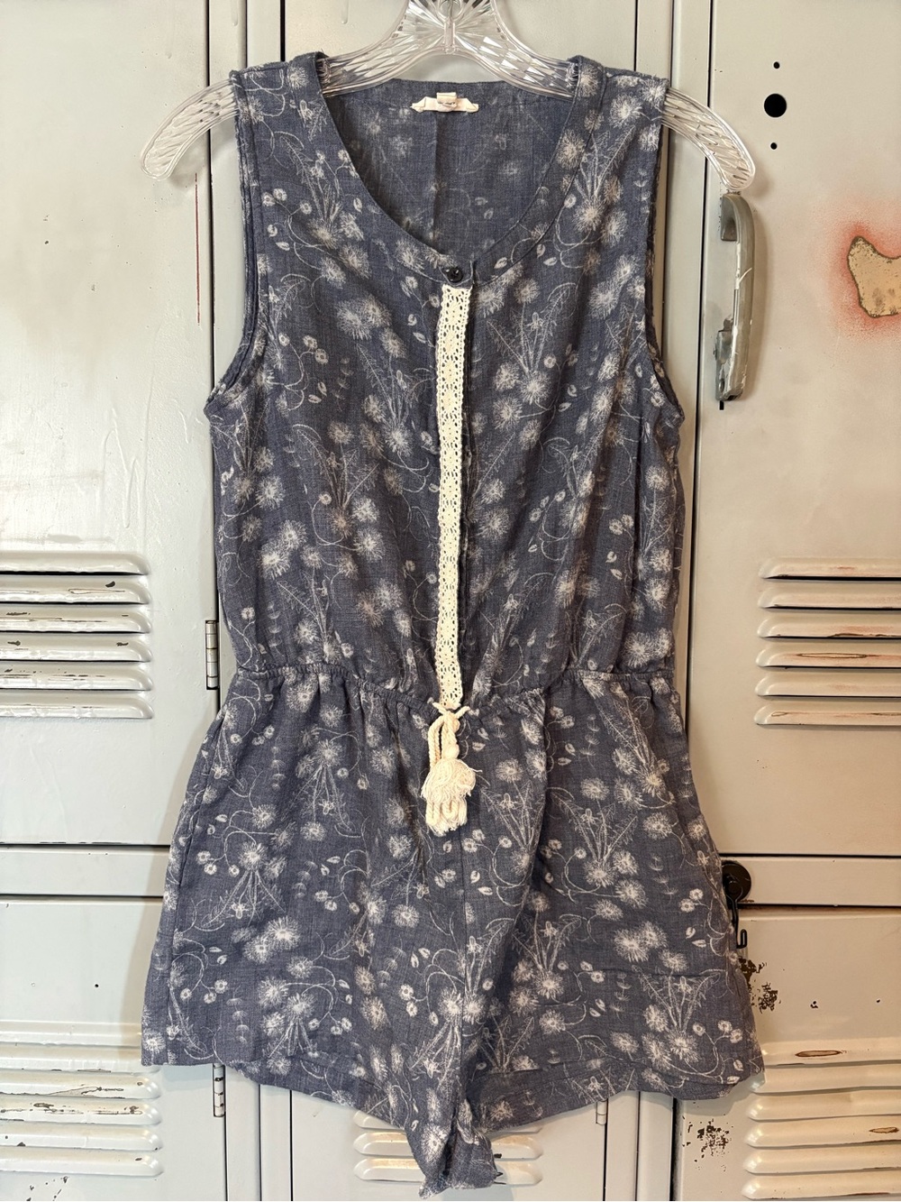 Hem & Thread Light Denim Floral Sleeveless Romper with Crochet Tie